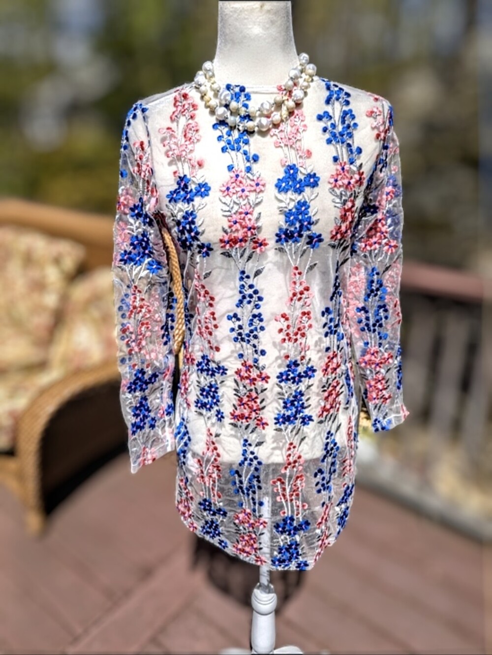 Flawless Boohoo White Sheer Embroidered Floral Dress in Blue & Pink